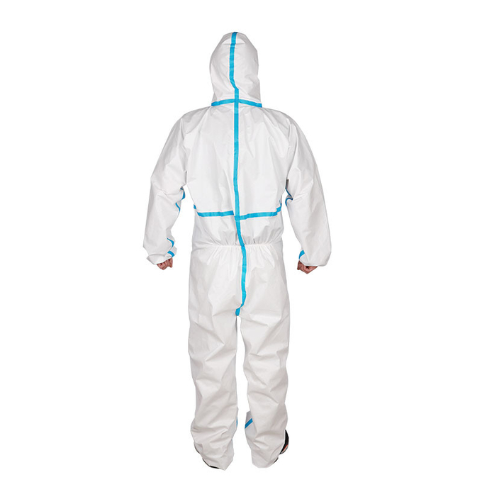 Άσπρα μίας χρήσης προστατευτικά κοστούμια PE που ντύνουν τη μη υφανθείσα με κουκούλα φόρμα 3 ασφάλειας